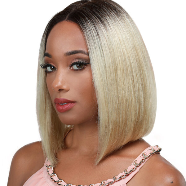 picture of A short sleek straight bob 100% HUMAN HAIR BLEACH, PERM, DYE - NATURAL ONLY Hand-Tied Center Part Lace Front 12" at roots beauty supply