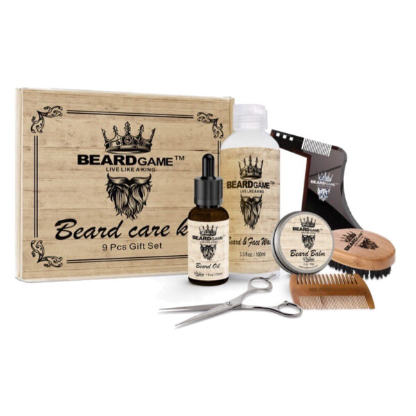 picture of beard tool kit wooden box 9 piece kit barber cape barber scissors beard balm beard brush beard oil comb at roots beauty supply