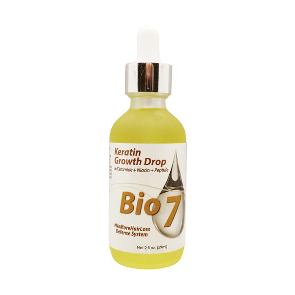 picture of Bio7™ Keratin Growth Drop combines the power of hair strengthening Keratin, restoring Ceramide, nourishing Niacin and grow-promoting Peptide. Ashwagandha, turmeric, saw palmetto, bamboo extract with vital folic acid, hyaluronic acid promote an improved scalp condition for hair growth. Infused with Black seed oil, Prickly pear seed oil, and Buriti oil for maximum moisture and silky soft, smoothness. at roots beauty supply